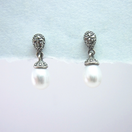 Small Freshwater Pearl Earrings with Marcasite - Click Image to Close